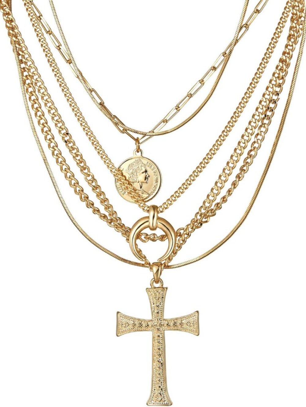 Gold Layered Necklaces for Women, Trendy Retro 18K Gold Plated Cross Pendant Nec